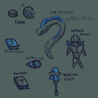 Drawings of several pieces of Sunken Sea content including Clams, a Sea Serpent, Mollusk armor, and a handful of items - by Popo