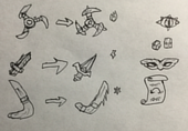 Sketched concepts for some items sold by the Bandit and their upgrades - by Purple Necromancer