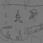 A drawing of a player in the Sunken Sea surrounded by several enemies - by Popo