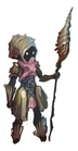 A drawing of a person wearing Victide armor with the Victide Hermit Helmet, while holding an Urchin Spear - by Inanis