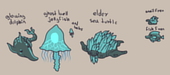 A drawing of several Sunken Sea enemies including a Prism-Back, Ghost Bell, Baby Ghost Bell, and an early Sea Minnow - by Aleksh
