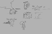 A drawing of several proposed Acid Rain enemies including a Skyfin (named Flyfin here) - by Popo